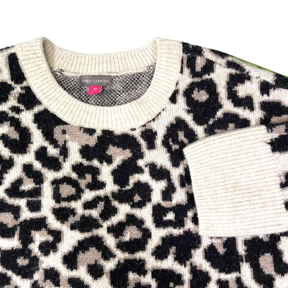 Vince Camuto 2X Tan Leopard Print Crewneck Sweater Animal Print Streetwear Cozy